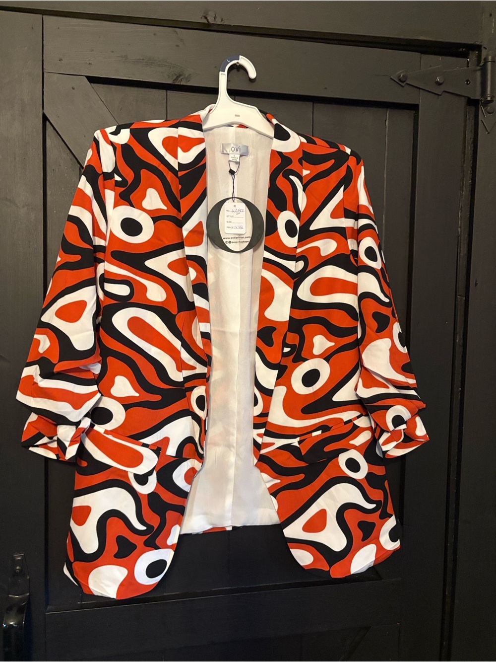 Ovi Open-Front Blazer in Red, Black & White Abstract Print